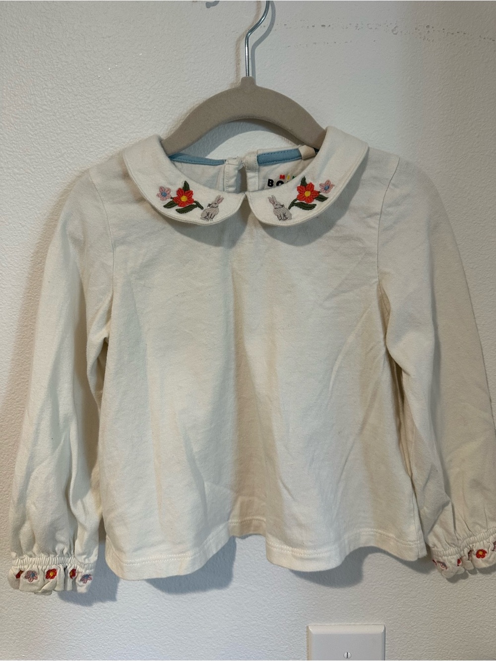 Mini Boden Cream Embroidered Peter Pan Collar Top